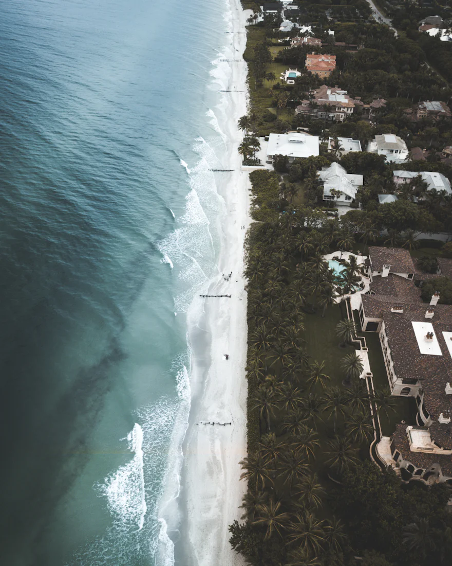 Aerial view of Gulf-front buildings and the beach